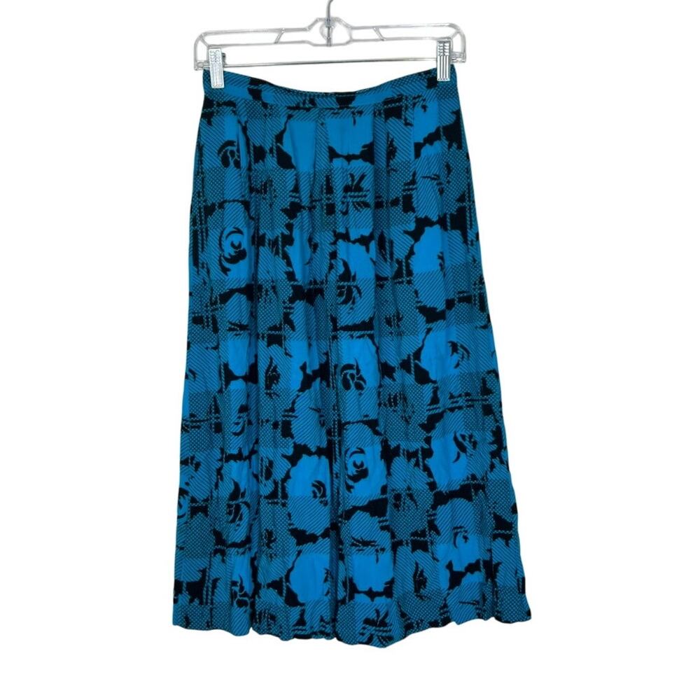 Vtg 80s Retro Sophisticates Blue Black Pleated A-line Rayon Zipper Midi Skirt 10